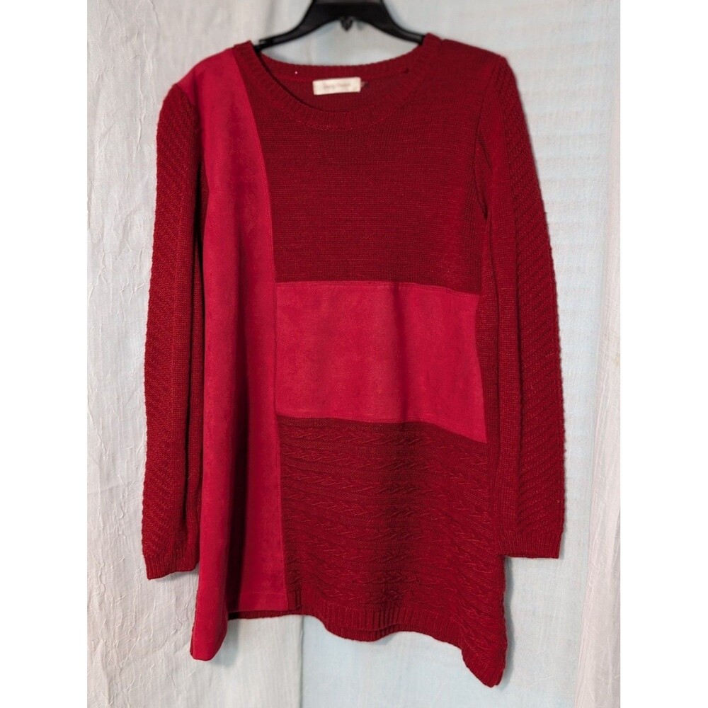 Simply Couture Red Colorblocked Suede Patchwork Wool Blend Tunic Sweater